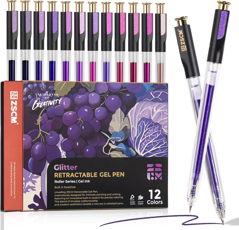 ZSCM Retractable Glitter Gel Pens, 12 Colors Large Capacity Purple Glitter Metallic Gel Ink Pens, 1 mm Fine Point Smooth Writing Color Pens for Adult Coloring Book Note Taking Aesthetic Art Supplies - Image 1